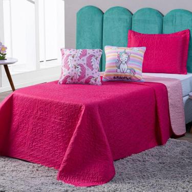 Imagem de Kit Cobre Leito Unicórnio Listrado Pink/rosa Dupla Face C/ Almofadas Solteiro 04 Peças
