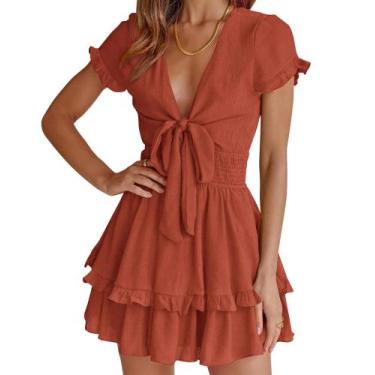 Imagem de Vestido PRETTYGARDEN Decote V Manga Curta Laço Vermelho Ferrugem P