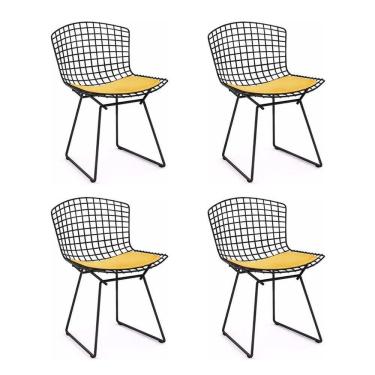 Imagem de Kit 4 Cadeiras Bertoia Preta Com Assento Amarelo
