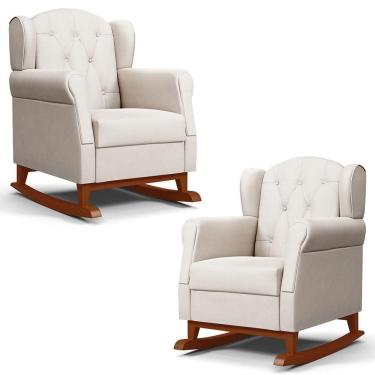 Imagem de Kit 02 Poltronas Amamentação Base Madeira Balanço Lucy P04 Suede Bege - Mpozenato