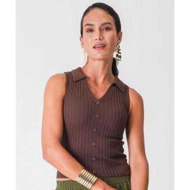 Imagem de Blusa Polo Feminina Tricô Botões Sem Manga Marisa Marr-52449, Marrom, 