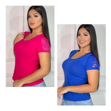 Imagem de Kit 02 Blusas detalhe de renda manga curta - GK TODA BELA, Pink, Royal