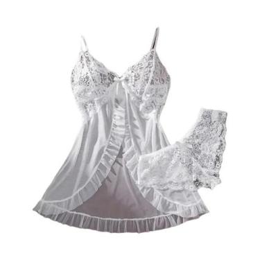 Imagem de Camisola Babydoll Feminina Sexy Com Decote Em V, Renda, Tule E Babados