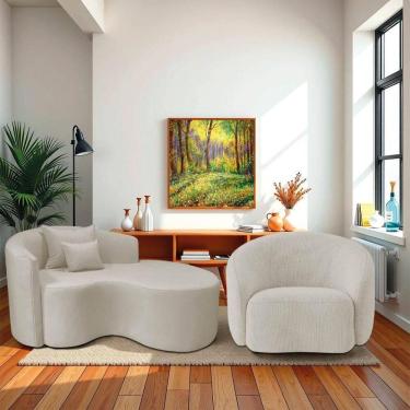 Imagem de Kit Recamier Curvo Sala De Estar 150cm Lado Direito E Poltrona Orgânica Luxo Amore Linho Bege