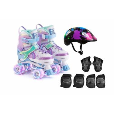 Imagem de Patins Infantil de 4 Rodas Ajustável Rodinha Led Sereia Com Kit Proteção (Roxo, M - 32...