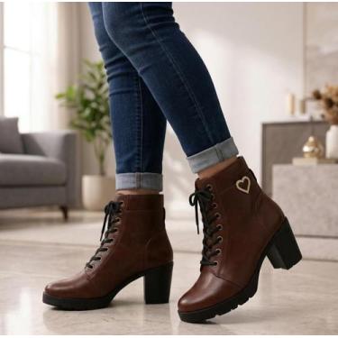 Imagem de Coturno Feminino Salto Alto Grosso Tratarado Coração Cadarço Bico Redo