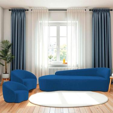 Imagem de Kit Divã Recamier Orgânico França 180cm Lado Esquerdo E 2 Poltronas Amore Linho Azul Royal