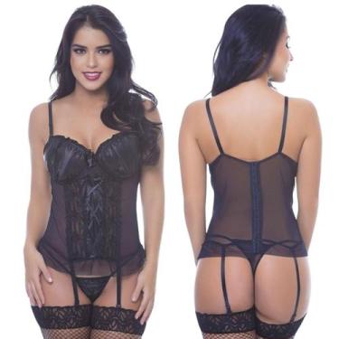 Imagem de Espartilho Completo Preto Em Tule Com Bojo Detalhe Em Cetim Lingerie S