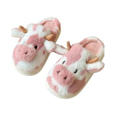 Imagem de Pantufas Femininas De Pelúcia Fofas Com Desenho De Vaca, Elegantes E M