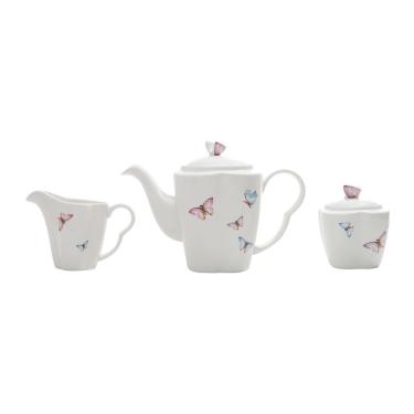 Imagem de Conjunto Bule Açucareiro e Leiteira Borboletas para Café em Porcelana Resistente a Micro-ondas Branco Azul Rosa Lilás