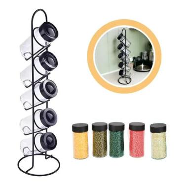 Imagem de Porta Temperos Vertical Organizador 5 Potes Vidro Tampa Dosadora 90ml 