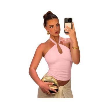 Imagem de Top Cropped Feminino Halter Sem Costas Com Bandagem, Moda Casual De Ve