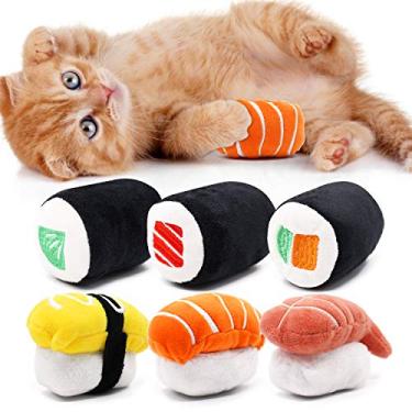 Imagem de CiyvoLyeen Pacote com 6 brinquedos para gatos de sushi com almofada de rolo de sushi de erva de gato, suprimentos para mordidas de gatinho, alívio do tédio, limpeza de dentes de gatinho fofos, amantes