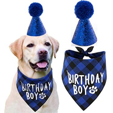 Imagem de JPB Conjunto de artigos de festa de aniversário para cães, chapéu de aniversário para animais de estimação e bandana de aniversário para meninos