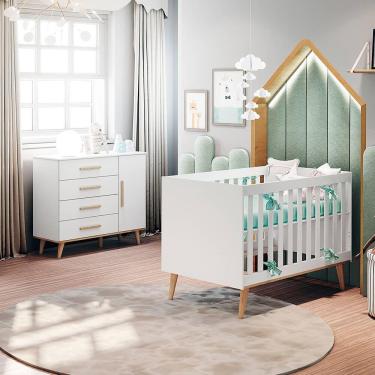 Imagem de Conjunto Infantil Retrô Cômoda 4 Gavetas com Porta e Berço Mini Cama Retrô Ludmila Branco Fosco Bétula Carolina Baby