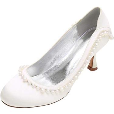 Imagem de Sapatos femininos de salto pérola bico redondo salto gatinha sapatos sociais, Marfim, 6