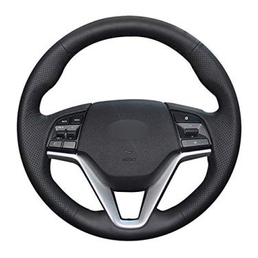 Imagem de DYBANP Capa de volante, para Hyundai Tucson 3 2015-2019, capa de volante de couro preto costurada à mão DIY