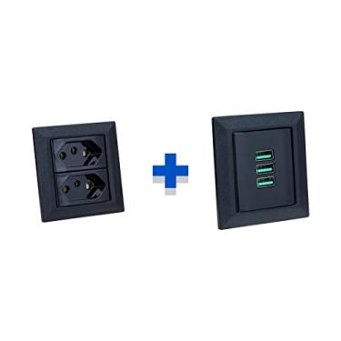 Imagem de Kit Espelhos de Tomadas Duplo Chanfrado 2 Tom 10A 3 Usb 5.2A COR:PRETO