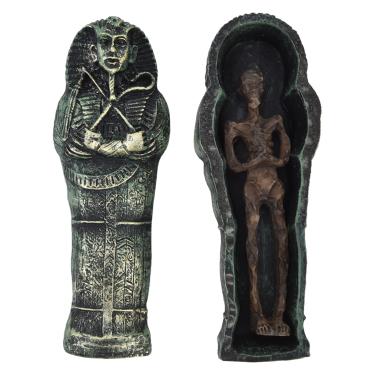Imagem de plplaaobo Resina decorativa de aquário, estátua de caixão de múmia caveira resina caveira múmia ornamento de caixão para decoração de paisagem de aquário de peixes