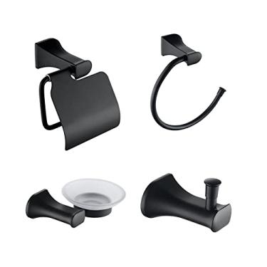 Imagem de Zinco de aço inoxidável para banheiro montado na parede pingente anel de toalha rolo suporte de papel saboneteira roupão gancho preto fosco conjunto de acessórios, 4 peças