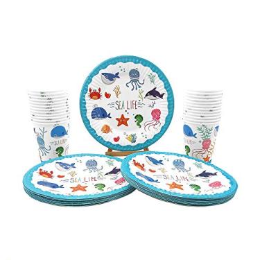 Imagem de 48 peças de pratos de papel descartáveis com tema de animais marinhos da vida marinha, conjunto de xícaras, incluindo 24 pratos de sobremesa, 24 xícaras, conjunto de pratos de chá de bebê de aniversár