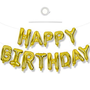 Imagem de TONIFUL 3D Gold Happy Birthday Balloons Banner with Ribbon Straw, 16 Inch Mylar Foil Letters Birthday Sign Banner Balloon Bunting Reusable for Girls Boys Kids & Adults Birthday Halloween Supplies