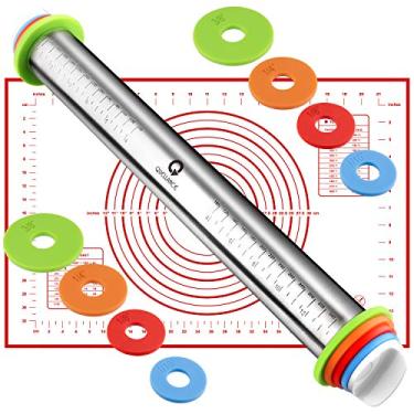 Imagem de Conjunto de rolo de massa e pastelaria, rolos com anéis de espessura ajustável, rolo de massa de aço inoxidável para assar fondant, pizza, torta, pastelaria, macarrão, biscoitos (tapete vermelho)