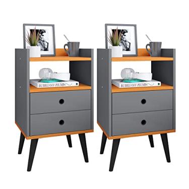 Imagem de Jogo Quarto Casal Kit Mesa de Cabeceira Retrô com Gaveta Mesinha Canto Moderna Decoração Ambiente - Cinza/Cinamomo- RPM