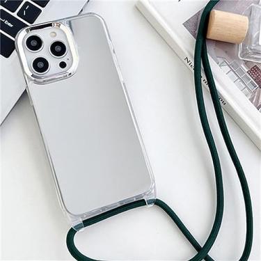 Imagem de Correia Cordão Corrente Colar Fita Estojo De Telefone Para iPhone 14 13 12 11 Pro Max 14Plus Espelho Acrílico À Prova De Choque Tampa Traseira TPU, verde profundo, Para iPhone 14 Pro