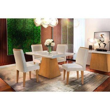 Imagem de Sala De Jantar Completa Luna C/ Vidro 120Cm + 4 Cadeiras Lunara Imbuia/Veludo Creme - Rufato