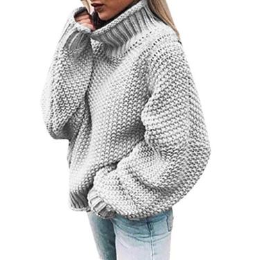 Imagem de Howstar Suéter feminino 2023 outono gola tartaruga sólido manga longa pulôver de malha grande casual solto suéter grosso tops, Z1 - Cinza, GG
