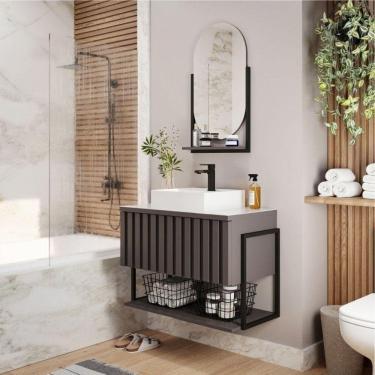 Imagem de Gabinete para Banheiro com Cuba e Espelheira 85cm MDF Helsing Espresso Móveis Titanium