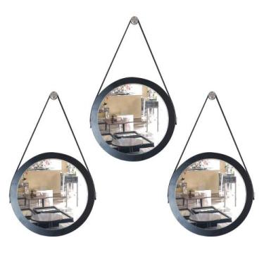 Imagem de Kit 3 Espelhos Adnet Redondo Com Alça De Couro Banheiro Para Quarto De