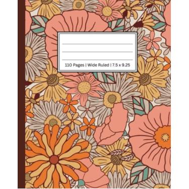 Imagem de Caderno de composição pautado largo (pêssego): estética floral retrô | Caderno para mulheres e meninas | Material escolar