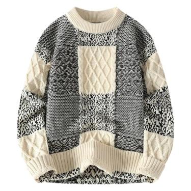 Imagem de Suéter masculino xadrez gola redonda roupas inverno suéter vintage masculino liso listrado pulôver masculino gola rolê outono, Bege, Medium