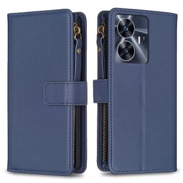 Imagem de Capa para alça de pulso Realme C55, 9 compartimentos para cartão, 1 carteira de couro com zíper, suporte flip fecho magnético bolsa de mão compatível com Realme C55 4G 6,7 polegadas (azul)