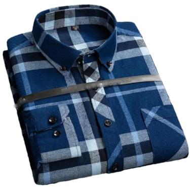 Imagem de Camisa social masculina plus size para lazer masculina algodão lixado flanela quente casual manga longa gola xadrez, Algodão 153, G