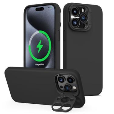 Imagem de Nillkin Capa para iPhone 15 Pro com suporte para câmera, capa de silicone líquido compatível com MagSafe, capa de telefone magnética sedosa CamShield para iPhone 15 Pro 6,1 polegadas, preta