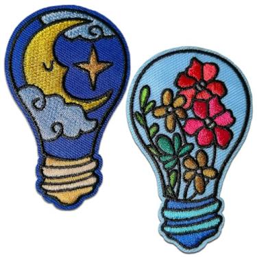 Imagem de CHBROS Aplique bordado "Moon and Flowers in The LightBulb", aplique de ferro/costurar em remendos para roupas, jaquetas, camisetas, mochilas..
