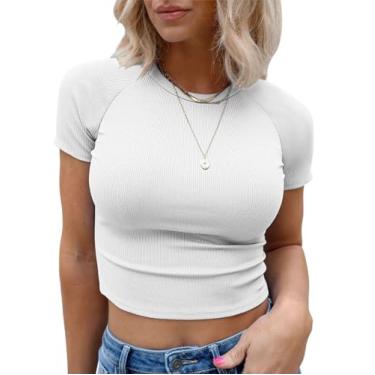 Imagem de Camiseta feminina manga curta gola redonda Y2K malha canelada slim fit cropped top, Z2 Branco, PP