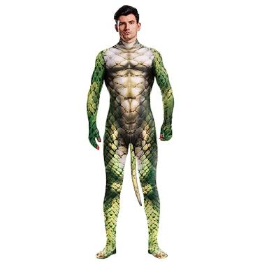 Imagem de Bemeiren Cosplay Zentai Body masculino estampa animal com cauda de halloween festa de Halloween macacão peludo, Estampa de cobra verde, GG