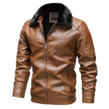 Imagem de Jaqueta masculina de lã, cor sólida, fecho de zíper, jaqueta de couro, gola de pele removível, casaco de motociclista, Cáqui, XG