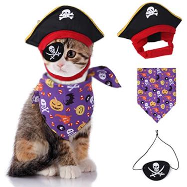 Imagem de XIAOYU Conjunto de 3 peças de fantasia de pirata de cachorro de Halloween chapéu pirata de pirata bandana triangular e pirata venda para cachorro gato Halloween cosplay, roxo