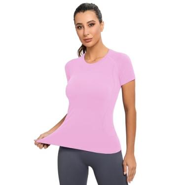Imagem de MathCat Camisetas de treino para mulheres, blusas de treino para mulheres, camisetas de manga curta para ioga e academia sem costura, Lilás, GG