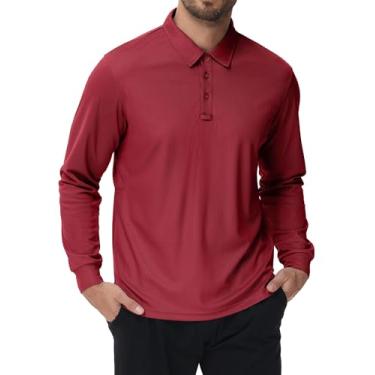 Imagem de Cityork Camisas polo masculinas manga longa secagem rápida FPS 50+ camisas casuais de golfe, Vinho tinto, M