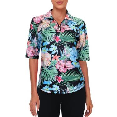 Imagem de Viracy Camisa polo feminina de golfe meia manga 1/4 com zíper e absorção de umidade, Flores, GG