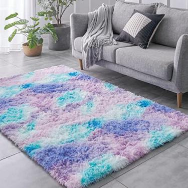 Imagem de TABAYON Tapete Shaggy Tie-Dyed roxo claro, tapetes de área 2x3 para sala de estar, tapete antiderrapante extra confortável fofo para decoração de casa interna