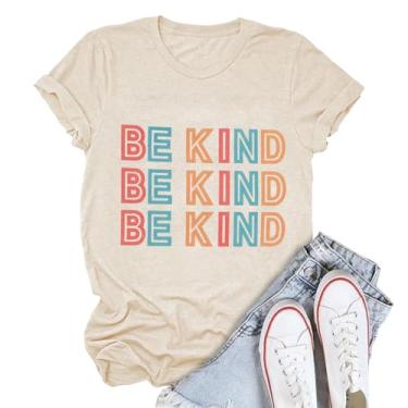 Imagem de Camiseta Be Kind feminina com estampa de letras de bondade, manga curta, inspiradora, casual, caimento solto, Caqui, GG