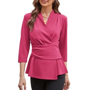 Imagem de GRACE KARIN Blusa feminina peplum 2024 elegante com decote em V e manga 3/4, blusa de trabalho lisa, gravata na cintura, camisas casuais de negócios, Vermelho rosa, XXG
