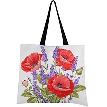 Imagem de visesunny Bolsa feminina extra grande com ramo de flores de papoula lavanda bolsa de ombro feminina viagem de praia reutilizável compras de supermercado bolsa de armazenamento portátil, Multi, Large